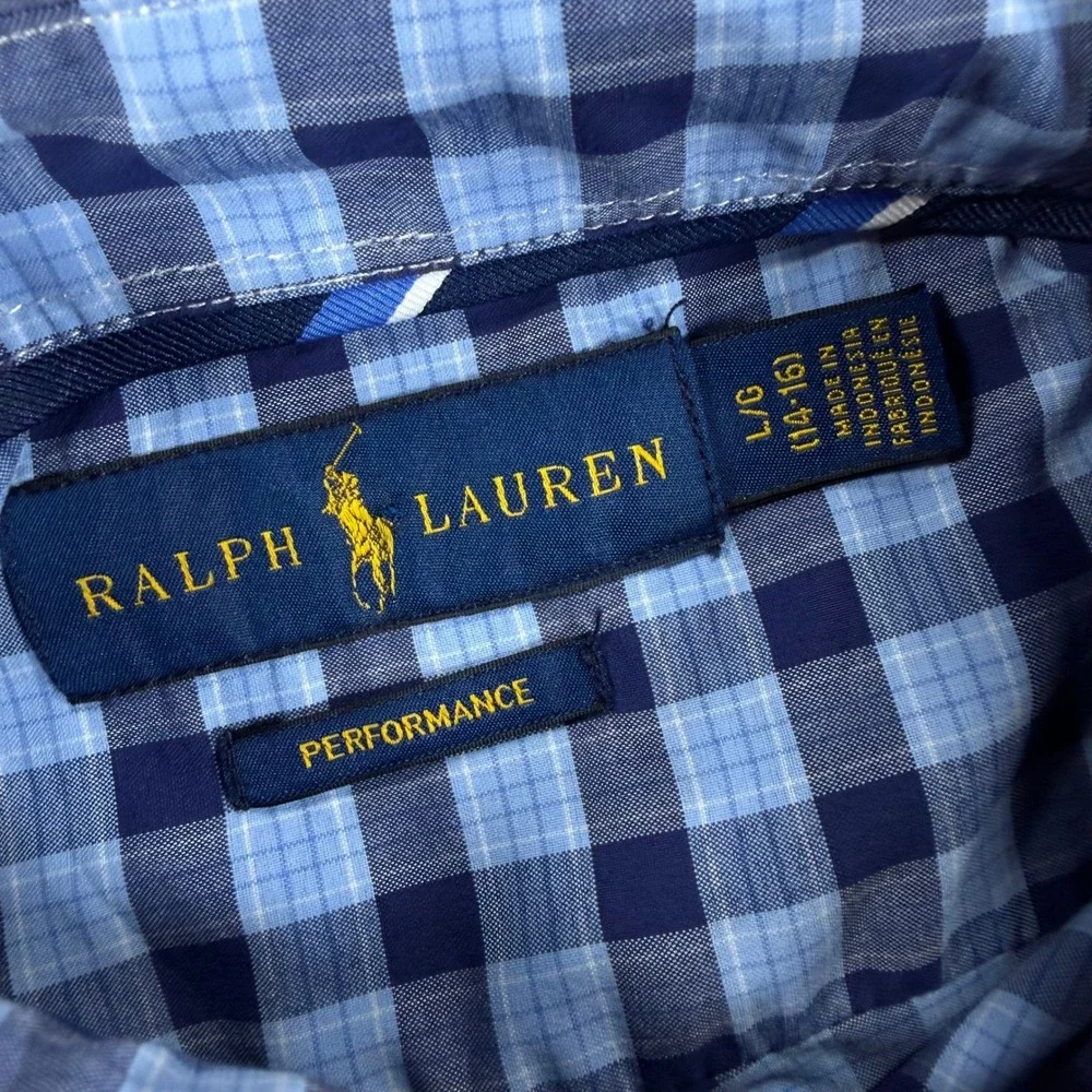 Polo Ralph Lauren Boys L 14-16 Performance Blue Plaid Long Sleeve Button Down